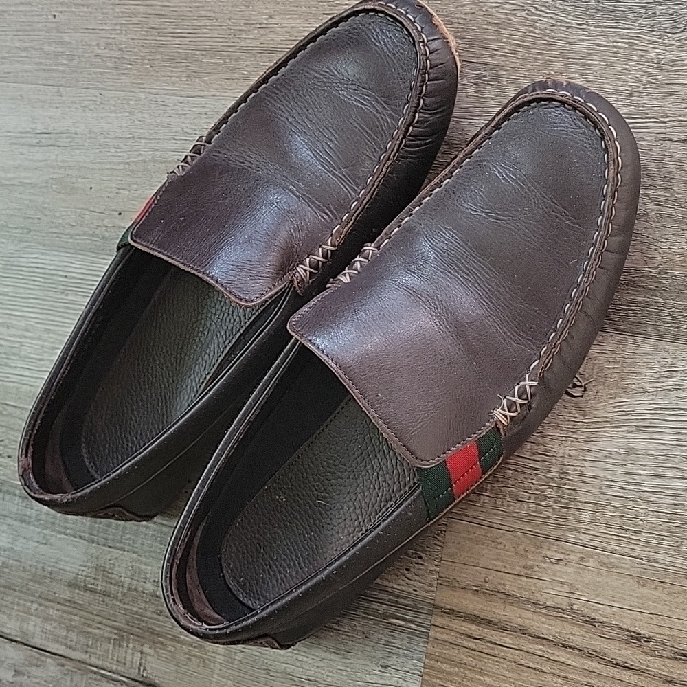 Gucci Brown Leather Loafers with Green and Red Web